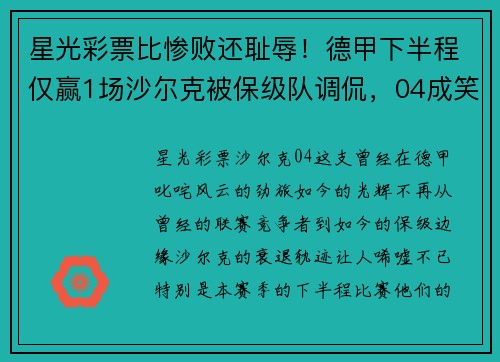 星光彩票比惨败还耻辱！德甲下半程仅赢1场沙尔克被保级队调侃，04成笑柄？ - 副本