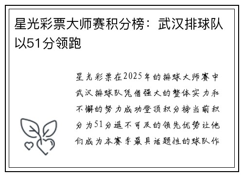 星光彩票大师赛积分榜：武汉排球队以51分领跑